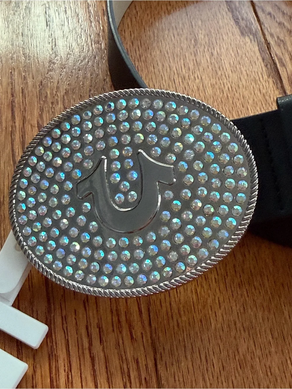 True Religion Womens Horseshoe Full Rhinestone‎ Silver Crystal Belt Black